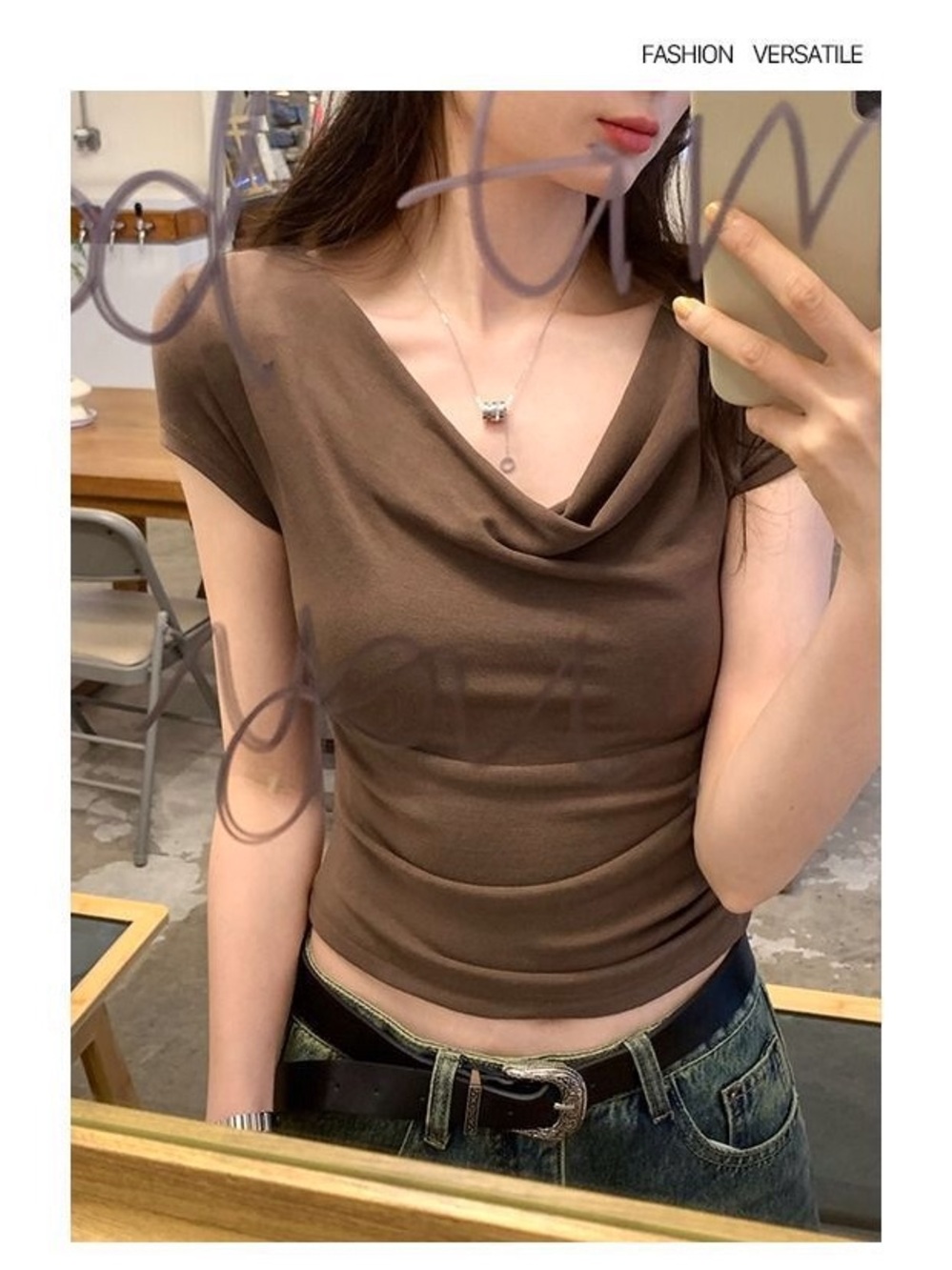 Cowl Neck Brown Short Sleeve Top